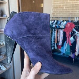 Pointed Purple Suede Ankle Bootie with Stacked Heel